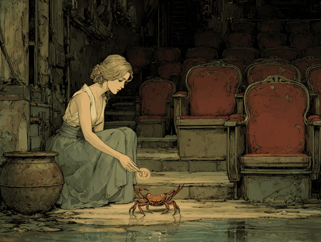 A woman sitting on the floor with a crab