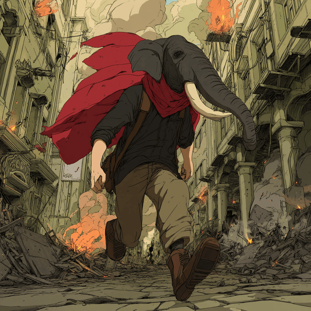 An elephant is walking through a city with a red cape