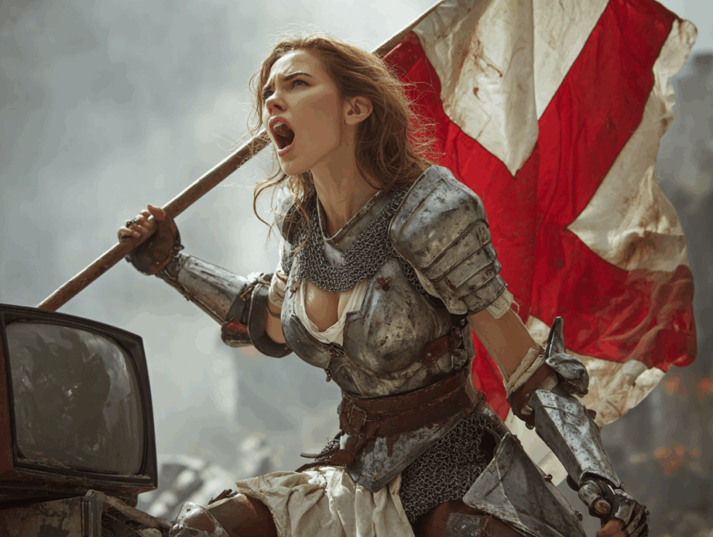 a woman in armor holding a flag