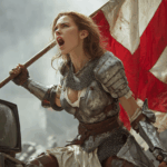 a woman in armor holding a flag