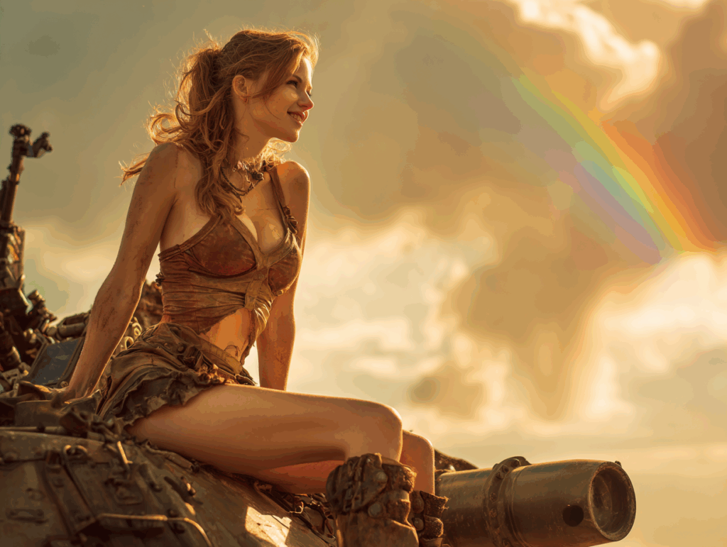 a woman sitting on a tank