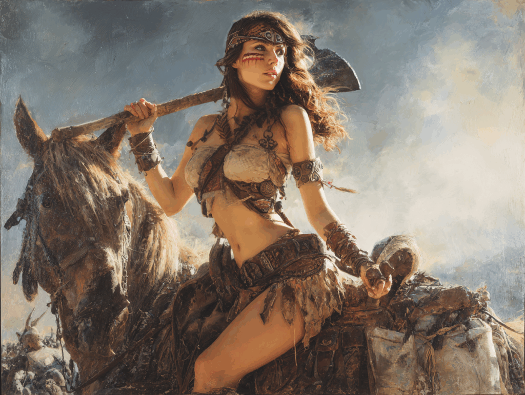 a woman in a garment holding an axe on a horse