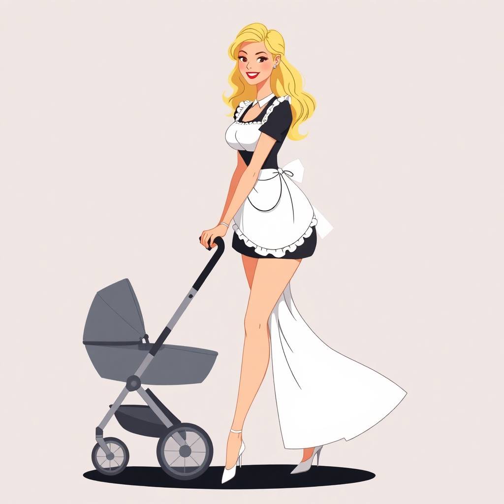 a cartoon of a woman in a maid outfit pushing a stroller