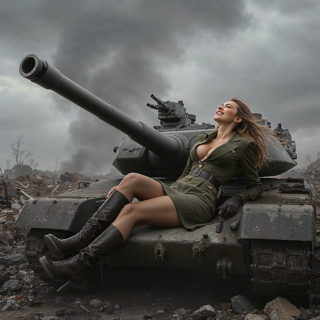 a woman sitting on a tank