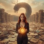 Junge Frau steht in einer Wüste aus Papierrollen und Datenplatten, hinter ihr ein gigantischer Wüstenwurm aus Stahl und Kabeln – Sinnbild für bürokratische Macht und Trägheit der hydraulischen Gesellschaft.