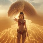 „Junge Frau in einer digitalen Wüste hält einen Fluss aus Licht an, während sich hinter ihr ein gewaltiger Wüstenwurm erhebt – Symbol für Macht und Abhängigkeit in der modernen hydraulischen Gesellschaft.“