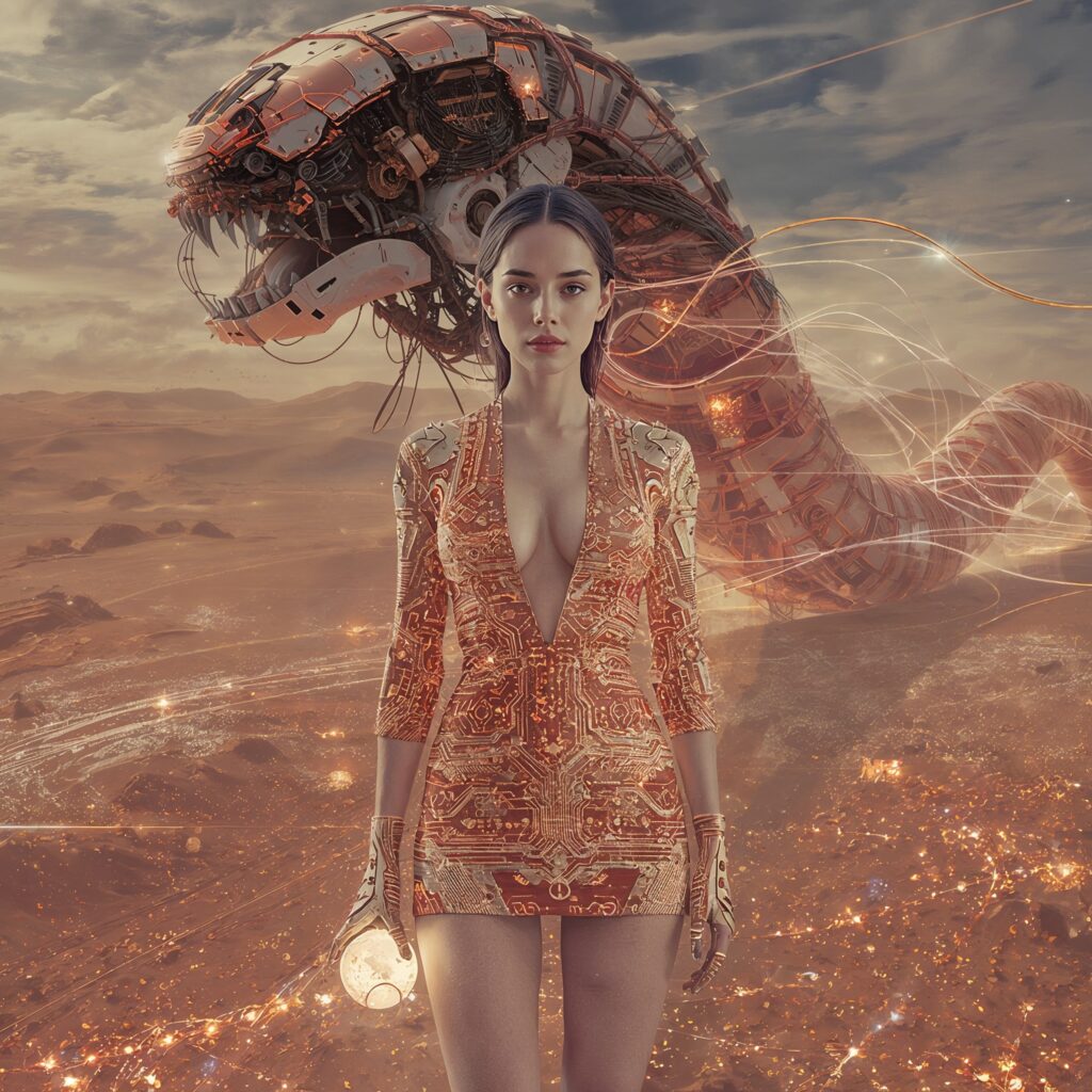 Junge Frau steht in einer metallisch leuchtenden Wüste aus Datenströmen, hinter ihr erhebt sich ein mechanischer Wüstenwurm – Symbol für kybernetische Macht und Maschinenkontrolle in der hydraulischen Gesellschaft.