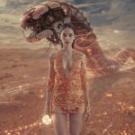 Junge Frau steht in einer metallisch leuchtenden Wüste aus Datenströmen, hinter ihr erhebt sich ein mechanischer Wüstenwurm – Symbol für kybernetische Macht und Maschinenkontrolle in der hydraulischen Gesellschaft.