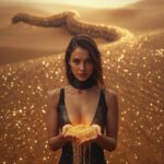 unge Frau in einer digitalen Wüste lässt goldenen Sand durch die Finger rieseln, hinter ihr windet sich ein gewaltiger Wüstenwurm – Symbol für künstliche Knappheit und Kontrolle