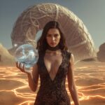 Junge Frau steht in einer leuchtenden Wüste aus Energie-Strömen, ein gewaltiger Wüstenwurm aus Kabeln hinter ihr – Sinnbild für Kontrolle über Ressourcen und Willen.