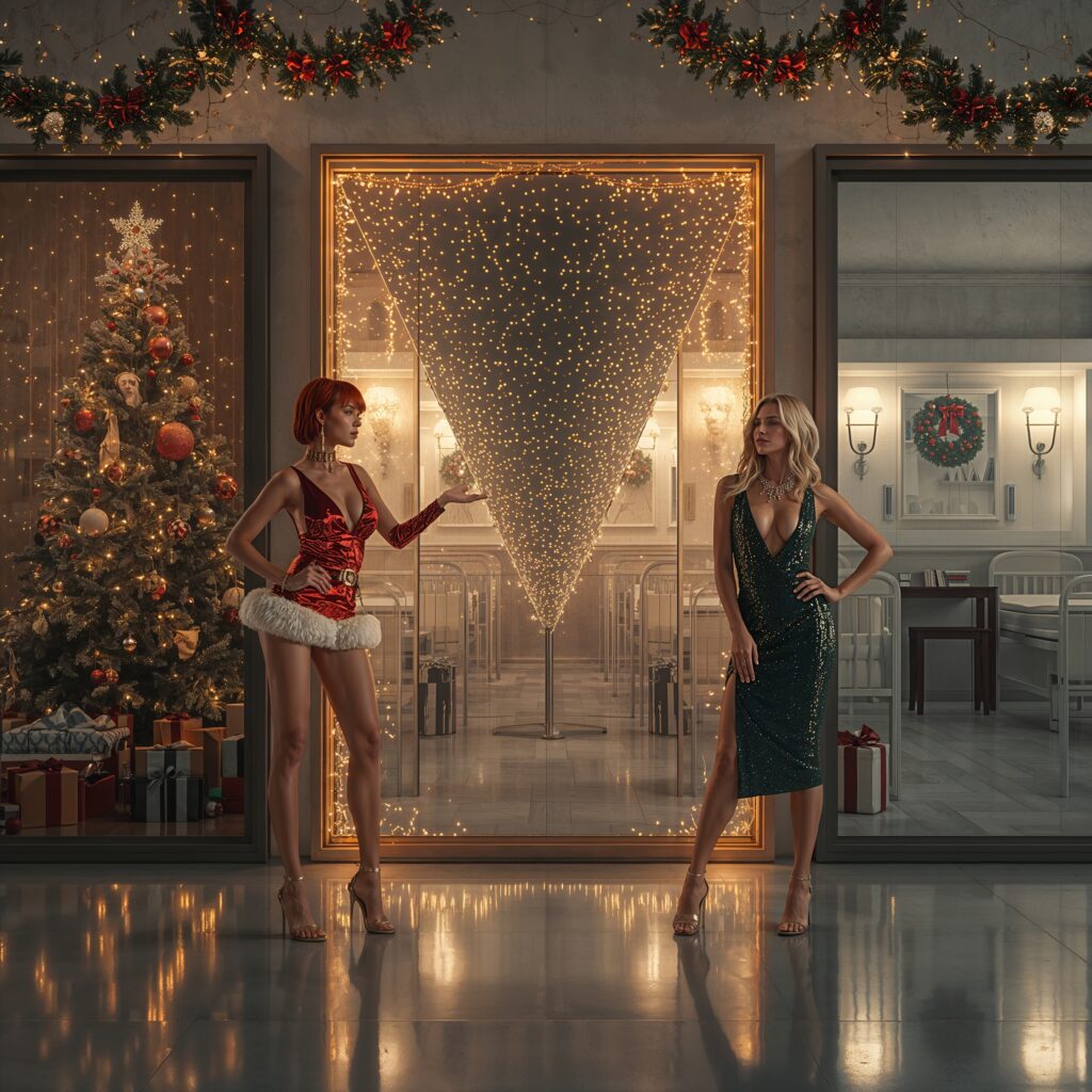 DEMOGRAFIE-BEVÖLKERUNGSDRUCK & DER UMBRUCH EINER ALTERNDEN NATION 2 Zwei junge Frauen in einer demografischen Analyseumgebung mit Symbolen für Alterung, sinkende Geburten und Arbeitskräftemangel.