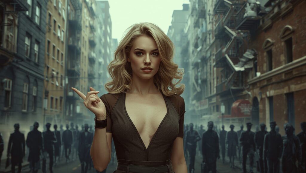 Junge blondhaarige Frau in dynamischer Pose vor überfüllter Stadt als Symbol für Deutschlands demografischen und migrationsbezogenen Stress.