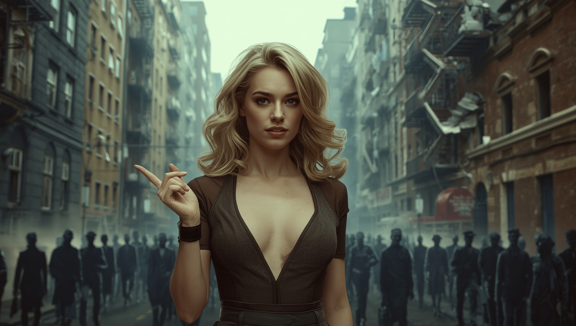 DEMOGRAFISCHE SPANNUNG & MIGRATIONSSTRESS 1 Junge blondhaarige Frau in dynamischer Pose vor überfüllter Stadt als Symbol für Deutschlands demografischen und migrationsbezogenen Stress.