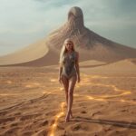 Junge Frau kniet in einer digitalen Wüste, in der sich Datenleitungen mit Sanddünen vermischen; hinter ihr erhebt sich ein gewaltiger Wüstenwurm – Sinnbild für ökologische Infrastruktur und Macht.