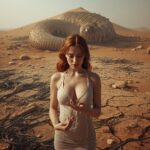 unge Frau steht in einer trockenen Wüste aus gebrochenen Datenleitungen, ein schlafender Wüstenwurm ruht hinter ihr – Symbol für Erschöpfung und Neubeginn der hydraulischen Gesellschaft.