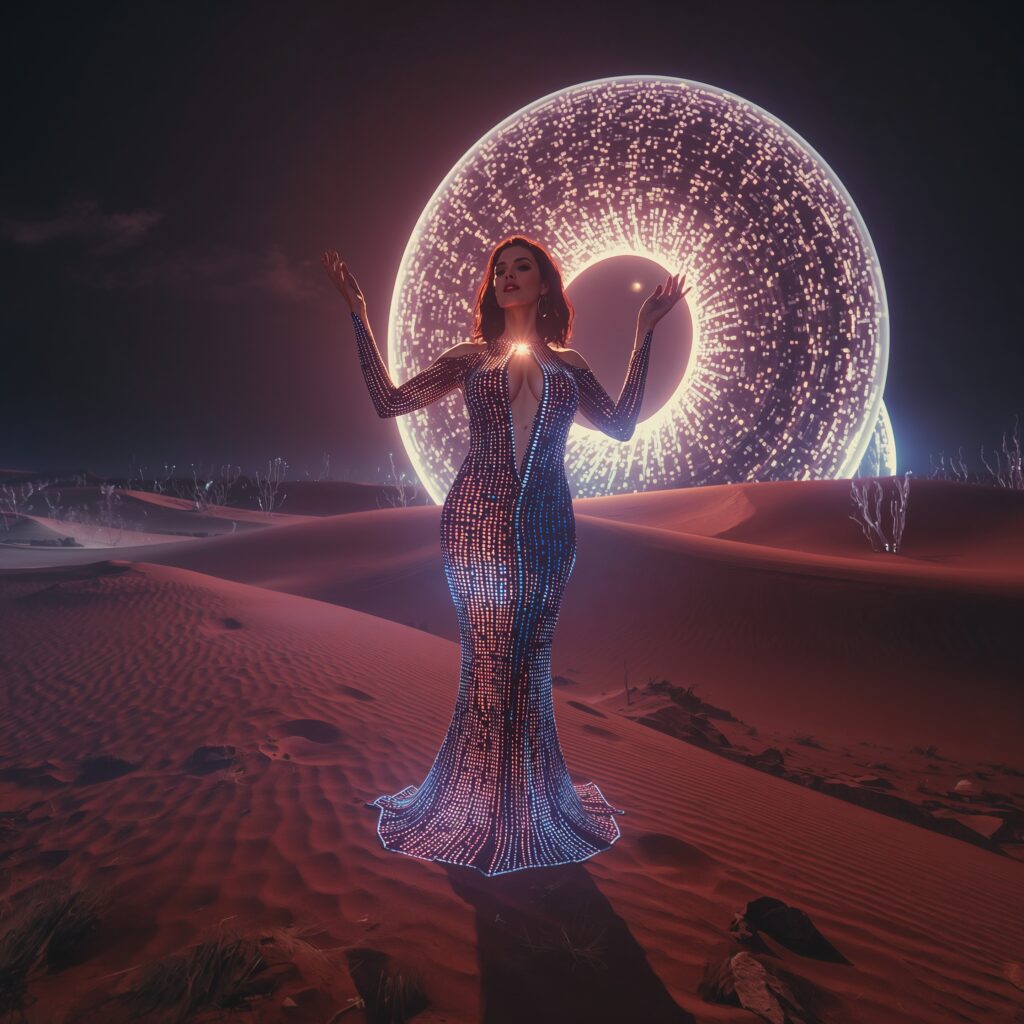 Eine verführerische, cyberhafte Priesterin steht in einer Wüste aus leuchtenden Datenströmen; ihr tiefes Dekolleté strahlt in holografischem Code, während ein Sandwurm aus Licht unter ihr ruht – Sinnbild für die Macht der Algorithmen als neue Priester digitaler Kontrolle.