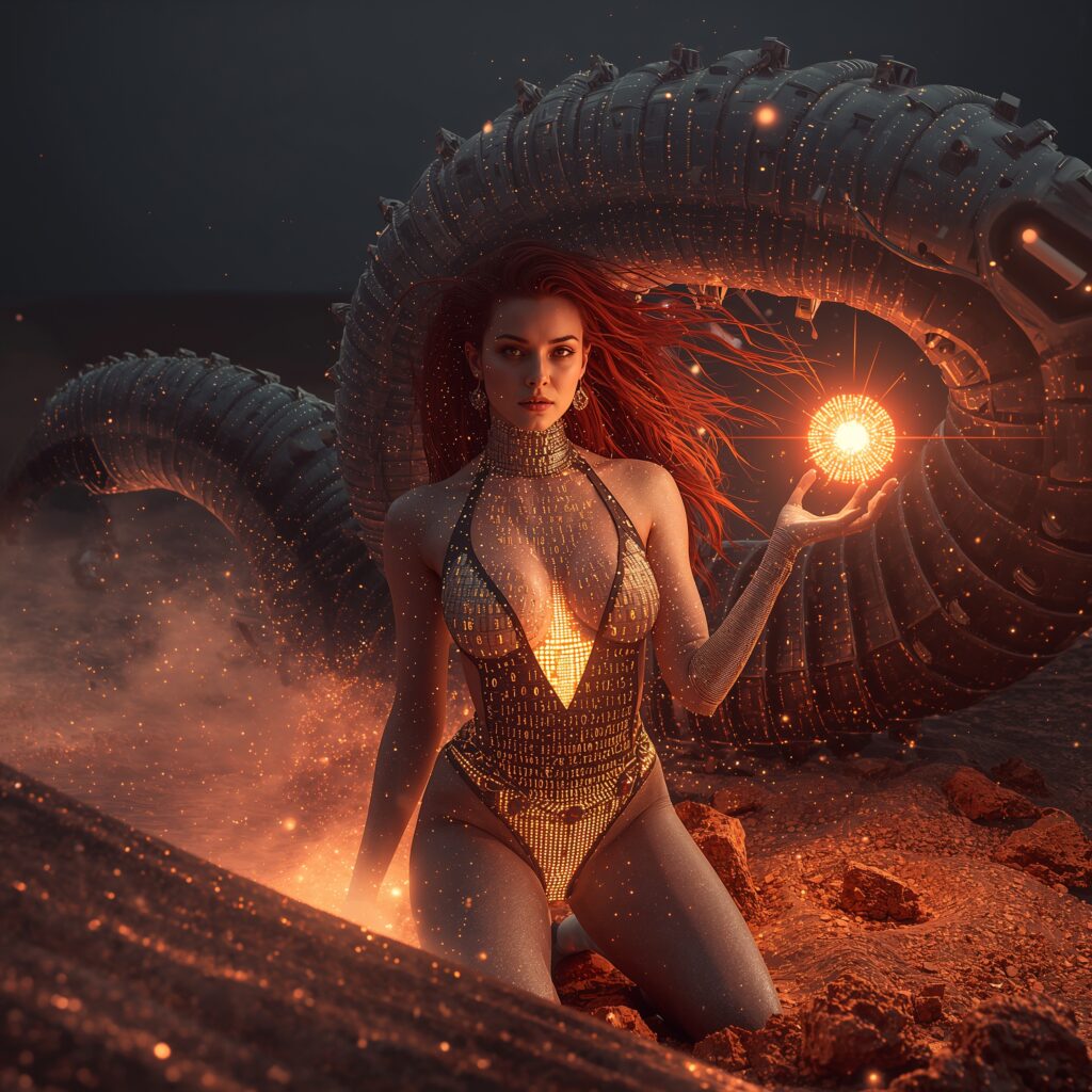Eine faszinierende Frau kniet in einer Wüste aus leuchtendem Datensand; ihr tiefes Dekolleté spiegelt Ströme aus Binärcode, während hinter ihr ein halb-biomechanischer Sandwurm lauert – Sinnbild für den Algorithmus als gezähmtes Tier, das Instinkt in Vorhersage verwandelt.