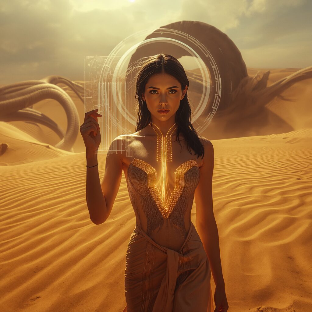 Eine junge, attraktive Frau steht in einer goldenen Wüste aus Daten und Sand; ihr tiefes Dekolleté leuchtet mit Symbolen des Wissens, während unter ihr ein riesiger Wüstenwurm ruht – Sinnbild für die unsichtbare Macht des Gatekeepings zwischen Wahrheit und Kontrolle.
