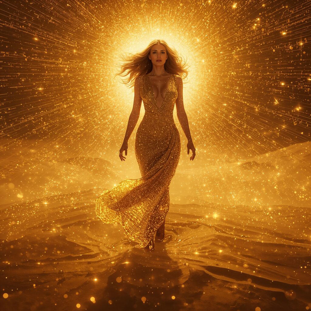 Eine strahlende Frau steht in einem goldenen Datensturm; ihr tiefes Dekolleté glüht in Strömen aus Licht und Code, während um sie Millionen Symbole wirbeln und der Schatten eines Wüstenwurms unter dem Sand auftaucht – Sinnbild für das goldene Rauschen der digitalen Welt, in dem Wahrheit und Bedeutung ertrinken.