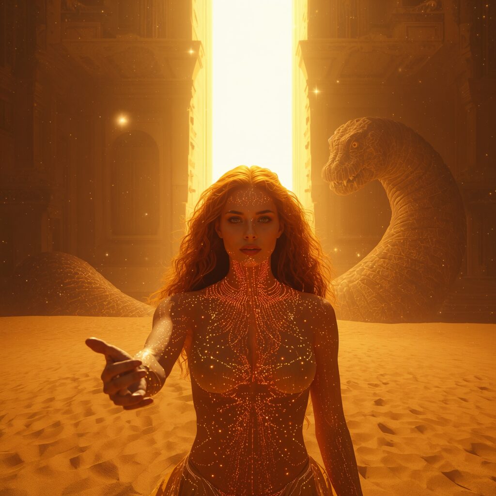 Eine erhabene, leuchtende Frau steht vor einem gigantischen Tor aus Licht in einer goldenen Wüste; ihr tiefes Dekolleté strahlt Energie aus, während hinter ihr ein Sandwurm halb im Schatten ruht – Sinnbild für den letzten Torwächter und die Rückkehr des menschlichen Bewusstseins.