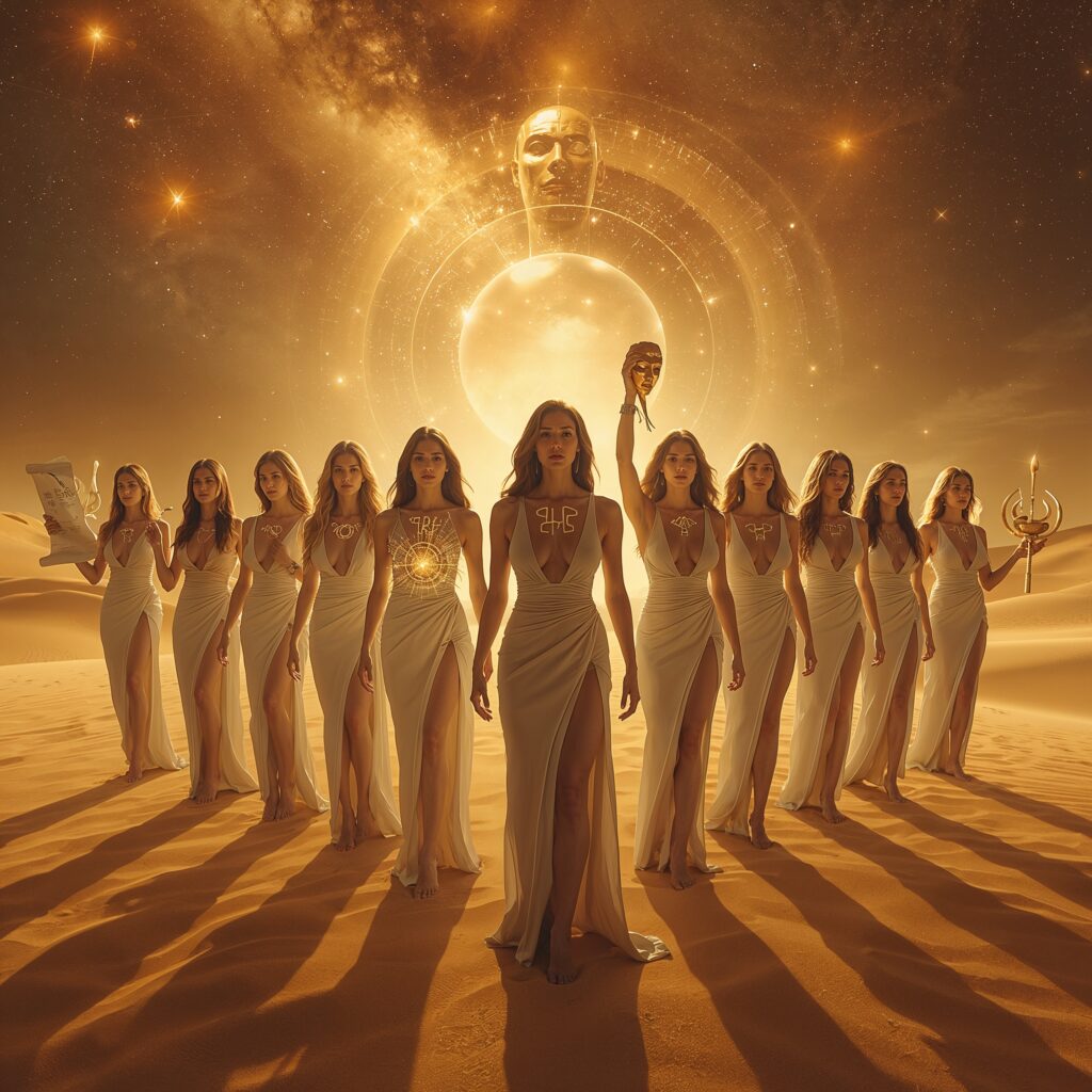 Zehn sinnliche Frauen stehen in einer goldenen Wüste aus Sand und Daten, jede verkörpert eine Facette des Gatekeepings – von Wissen und Kultur bis zur digitalen Kontrolle; ihre leuchtenden Dekolletés und der Schatten eines Wüstenwurms im Hintergrund symbolisieren Macht, Wahrheit und Bewusstsein im Zeitalter der Algorithmen.