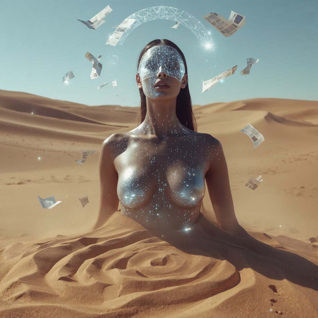 Eine junge, atemberaubende Frau mit spiegelnder Haut steht in einer Wüste aus Glas-Sand; ihr tiefes Dekolleté leuchtet mit geometrischen Mustern aus Daten, während eine Lichtmaske ihr Gesicht verdeckt – Sinnbild für die Masken der Objektivität und das Design der Wahrheit.