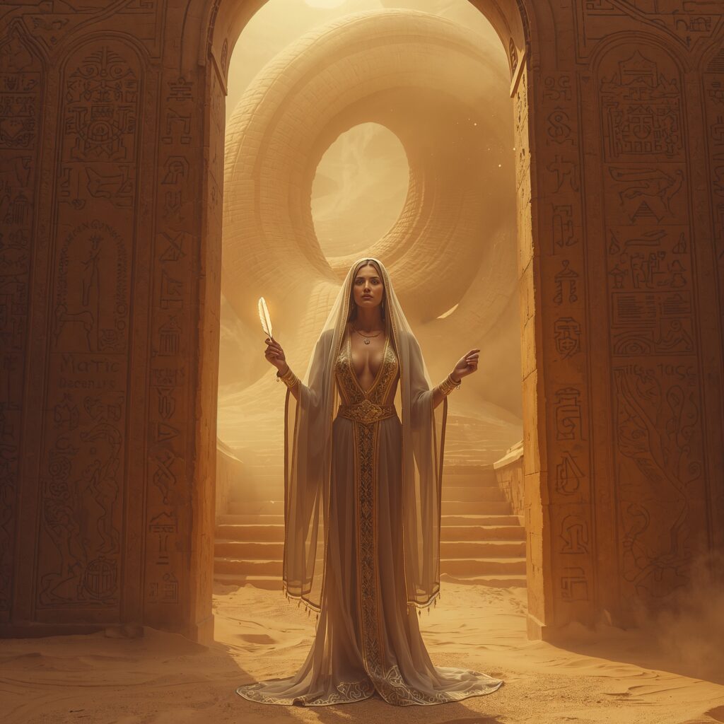 Eine junge, sinnliche Priesterin der Kultur steht vor goldenen Sandstein-Toren, ihr tiefes Dekolleté schimmert unter einem transparenten Schleier, während hinter ihr ein gewaltiger Wüstenwurm lauert – Sinnbild für die Macht des Geschmacks und des kulturellen Gatekeepings.
