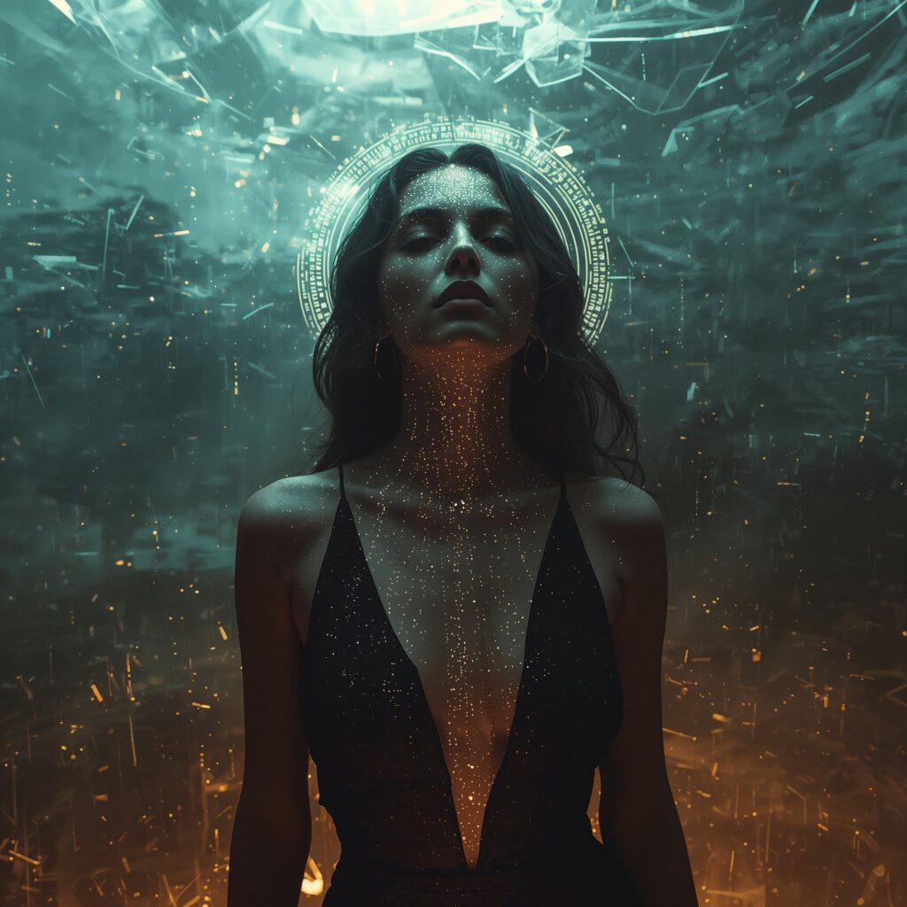 Eine geheimnisvolle Frau steht in einer gläsernen Wüste; ihr tiefes Dekolleté spiegelt verblassende Codes, während zerbrochene Bildschirme im Licht flimmern und unter ihr ein riesiger Wüstenwurm ruht – Sinnbild für die unsichtbare Macht der Filter und das Schweigen als Herrschaftsform.