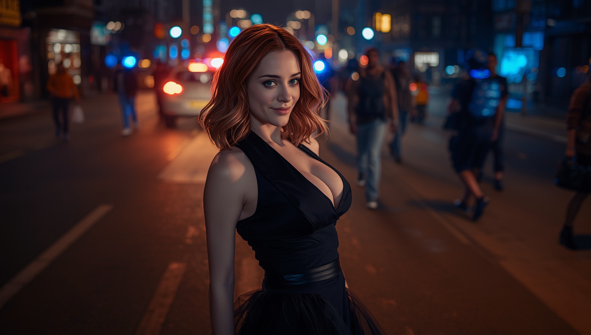 SICHERHEIT, SOZIALE SPANNUNGEN & DER BRÖCKELNDE INNERE FRIEDEN 1 Junge rothaarige Frau in nächtlicher Straße mit Polizeilichtern als Symbol für Deutschlands bröckelnde innere Sicherheit.