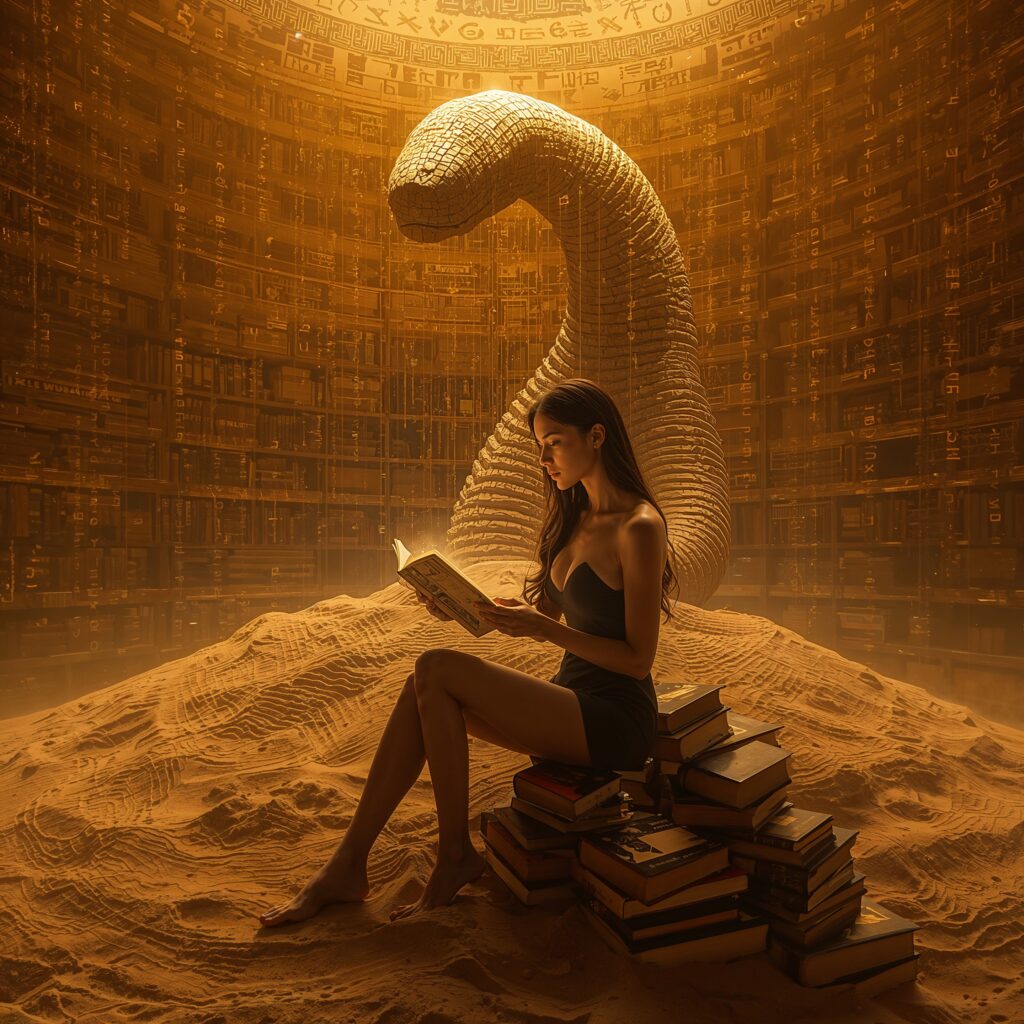 Junge Frau in einer Wüstenbibliothek aus Sand und Datenströmen hält ein leuchtendes Buch, während sich hinter ihr ein Wüstenwurm erhebt – Symbol für Wissen und Macht in der hydraulischen Gesellschaft.