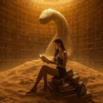 Junge Frau in einer Wüstenbibliothek aus Sand und Datenströmen hält ein leuchtendes Buch, während sich hinter ihr ein Wüstenwurm erhebt – Symbol für Wissen und Macht in der hydraulischen Gesellschaft.