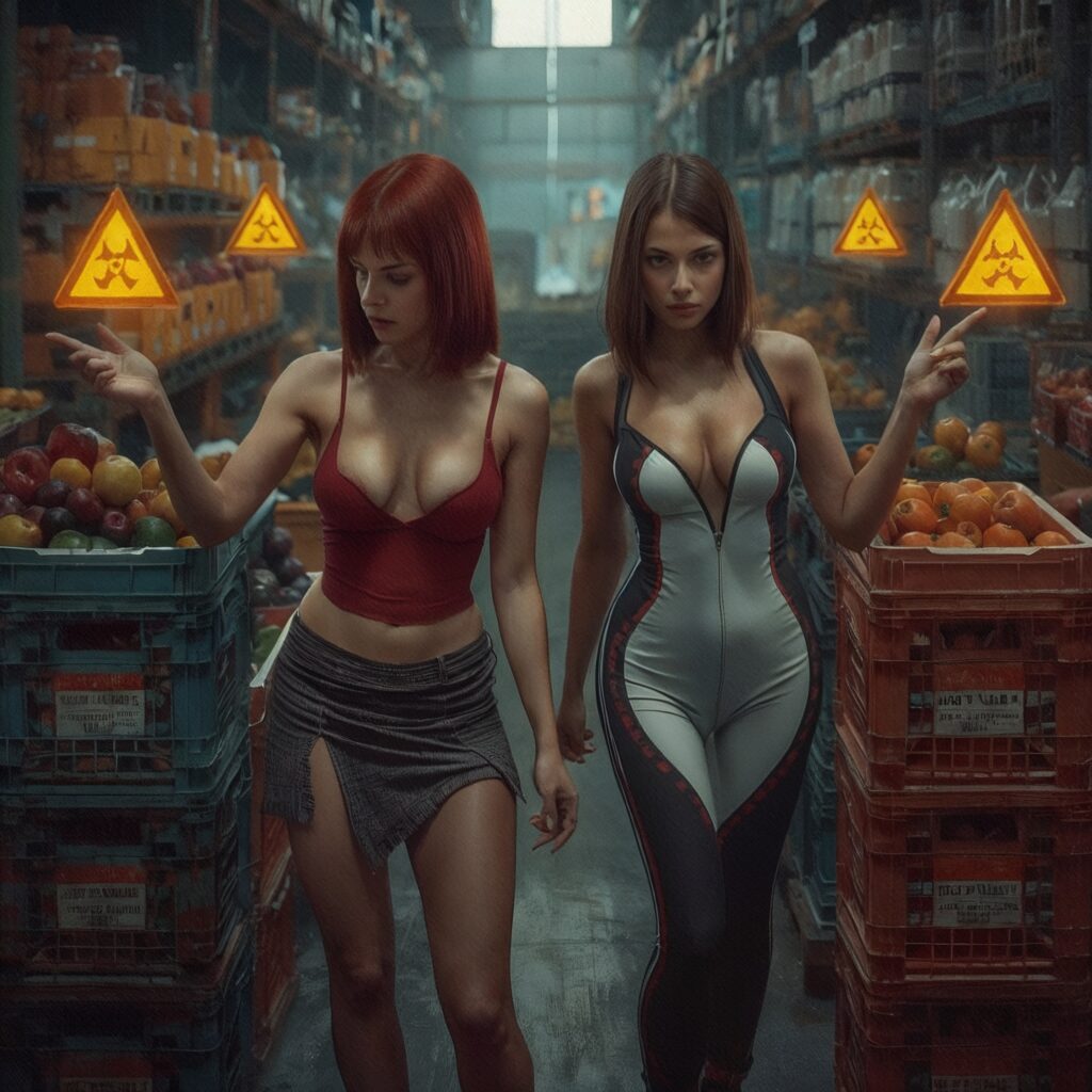 Zwei junge Frauen in Lagerhalle mit Pestizidwarnungen als Symbol für die Illusion sicherer Lebensmittel.