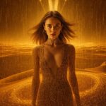 Eine junge Frau aus Licht und Sand steht in einer Wüste aus Datenströmen, ihr Blick verschmilzt mit fließenden Codes, Sinnbild für Kontrolle und Verführung im Informationszeitalter.