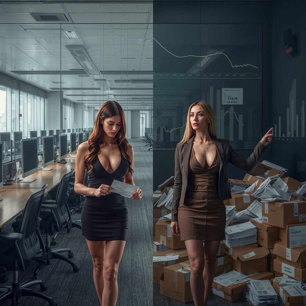 ZUKUNFT DER ARBEIT & DIE KOLLABIERENDE MITTELSCHICHT 2 Zwei junge Frauen in modernem Büro mit fallenden Wirtschaftsdiagrammen als Symbol für den schleichenden Abstieg der Mittelschicht.