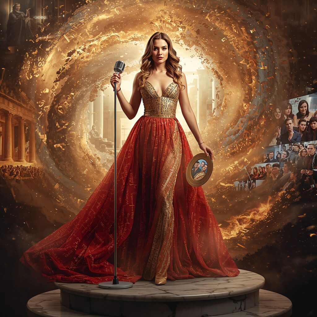 junge Frau auf Podium aus Worten, Symbol für die Macht der Sprache und den rhetorischen Despotismus