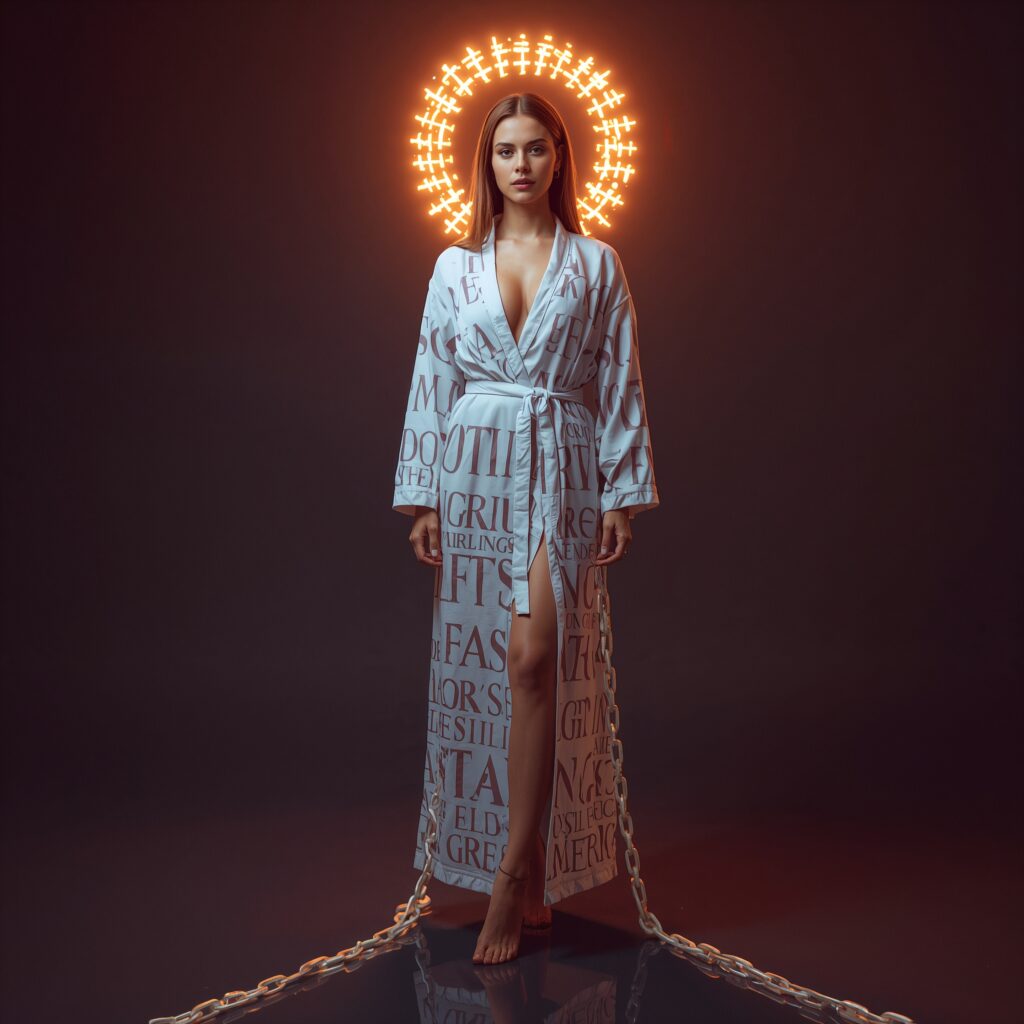 Frau im weißen Gewand aus Worten, Symbol für moralische Selbstkontrolle