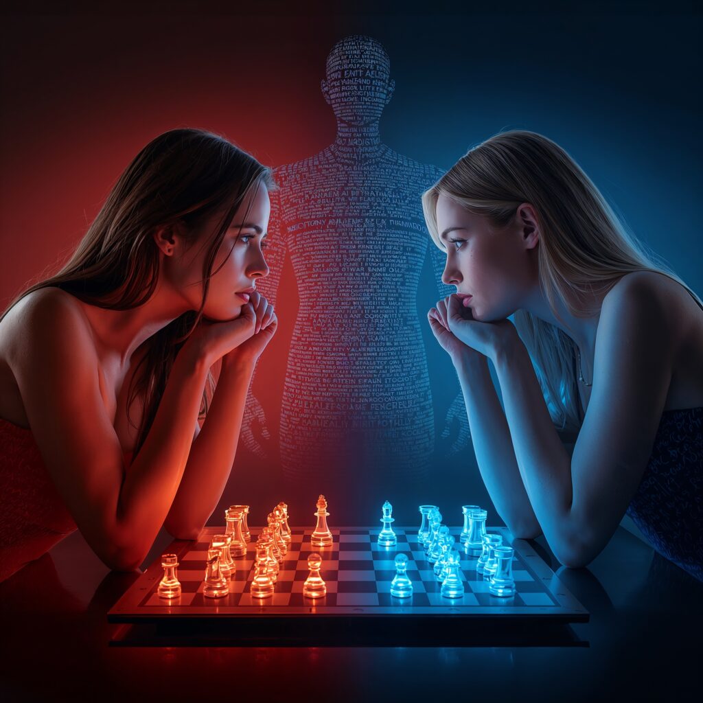 zwei Frauen auf Buchstaben-Schachbrett, Symbol für linke und rechte Rhetorik