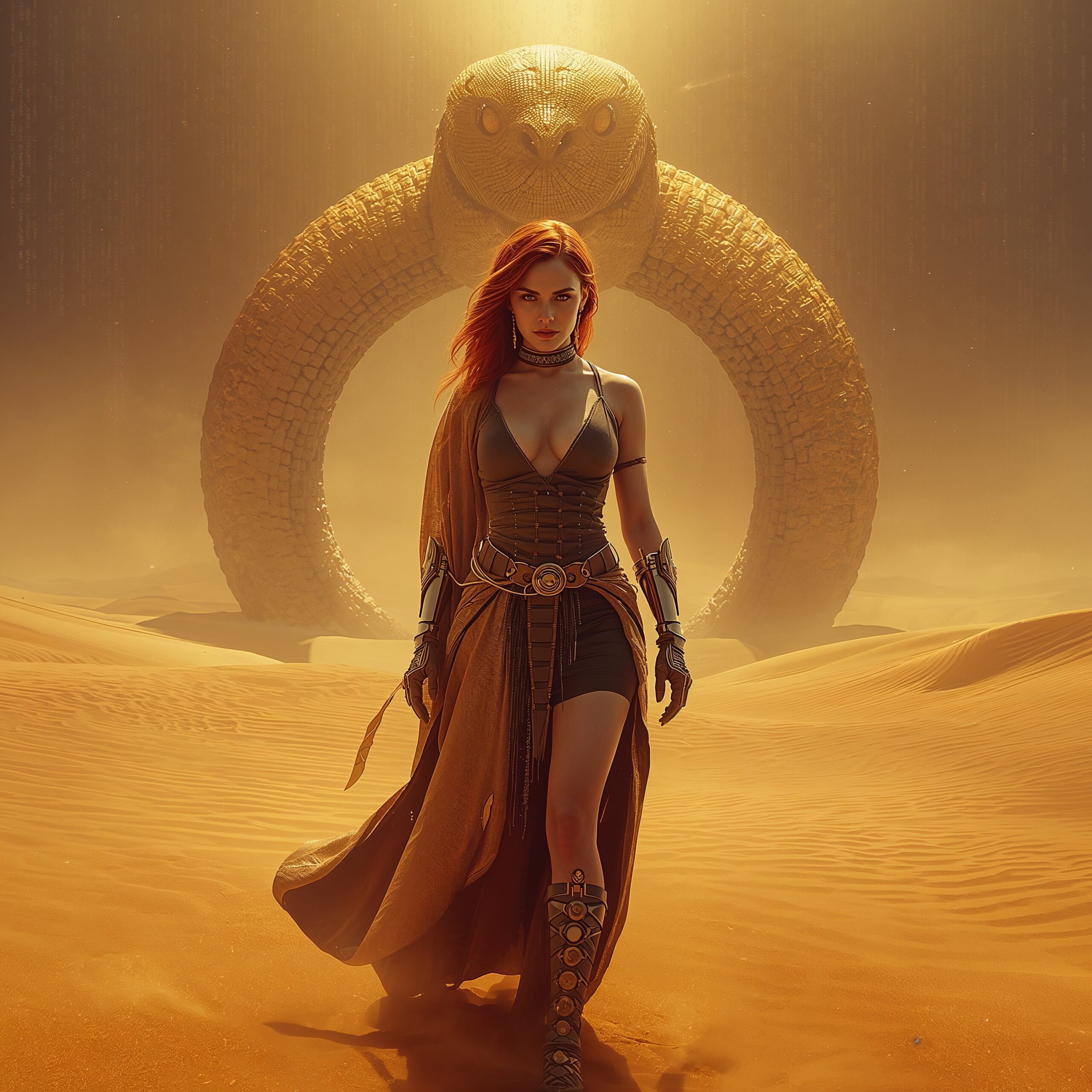 Worm Worship 1 Junge Frau steht in einer endlosen Wüste aus Sand und Daten, ein goldener Wüstenwurm erhebt sich hinter ihr – Symbol für Macht, Glauben und die hydraulische Gesellschaft der Zukunft.