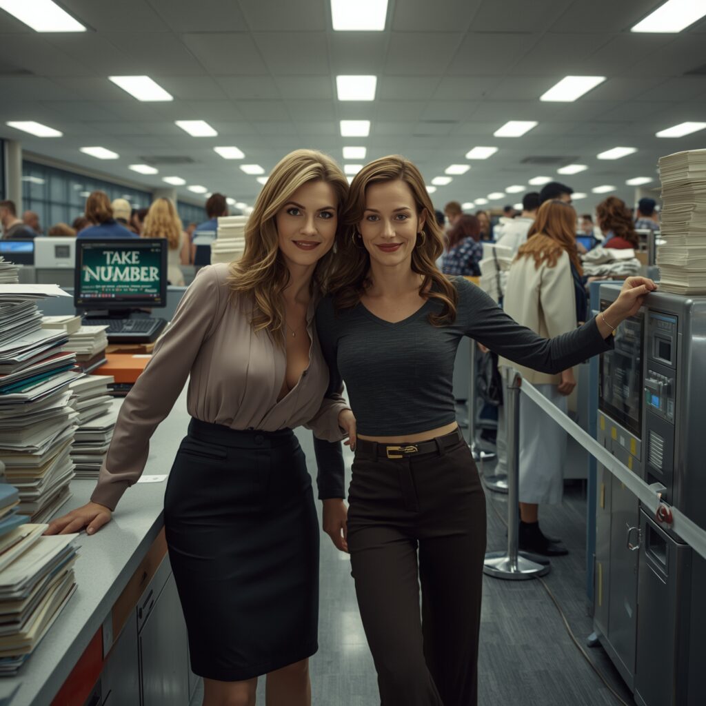 Zwei junge Frauen in überfülltem Büro als Symbol für die administrative Entwürdigung von Bürgern durch den deutschen Staat.