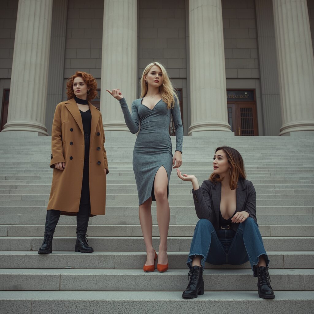 Drei junge Frauen auf Regierungsstufen als Symbol für den stillen Rückzug der Bürger und den Legitimationsverlust des Staates.