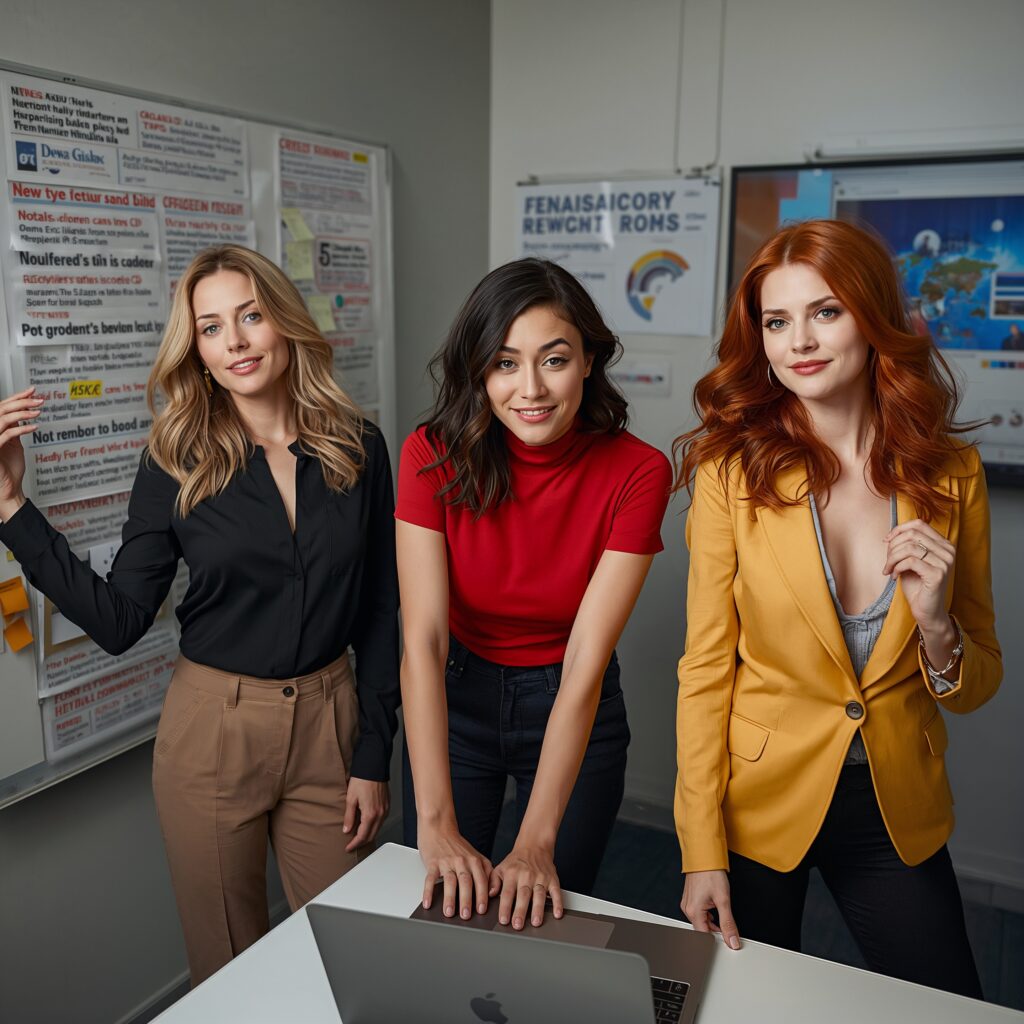 Drei junge Frauen in farbcodierten Outfits in einem Redaktionsraum als Symbol für moralisch geprägten Journalismus in Deutschland.