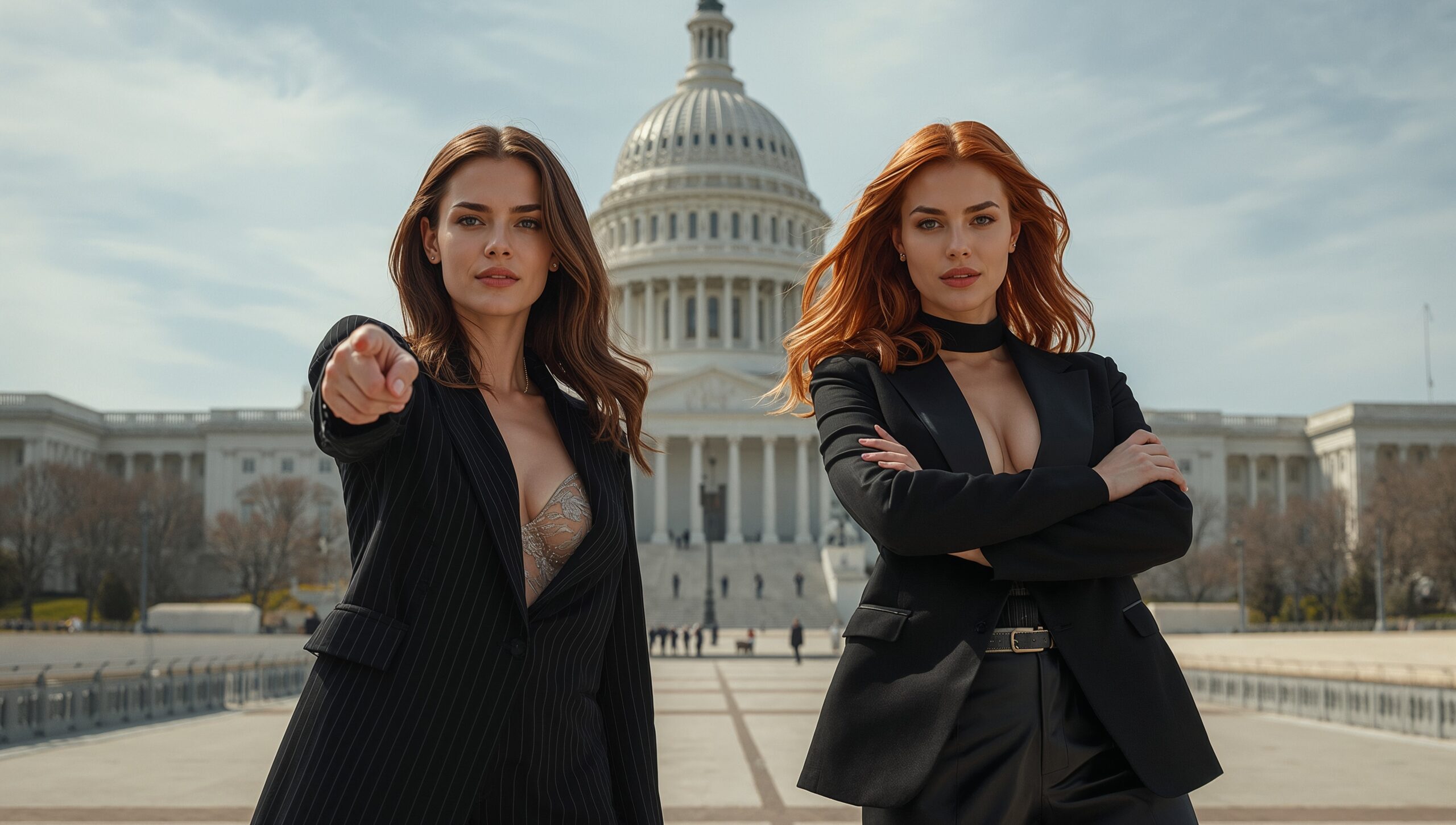 Zwei junge Frauen vor Regierungsgebäude als Symbol für den wachsenden Konflikt zwischen Staat und Bürgern in Deutschland.