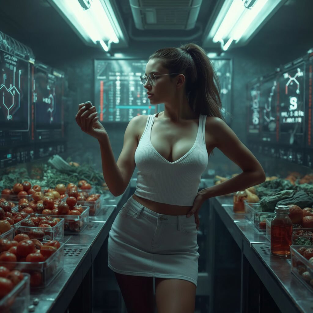 Junge Frau in Prüflabor mit kontaminierten Lebensmitteln als Symbol für die stille Vergiftung des Alltags.