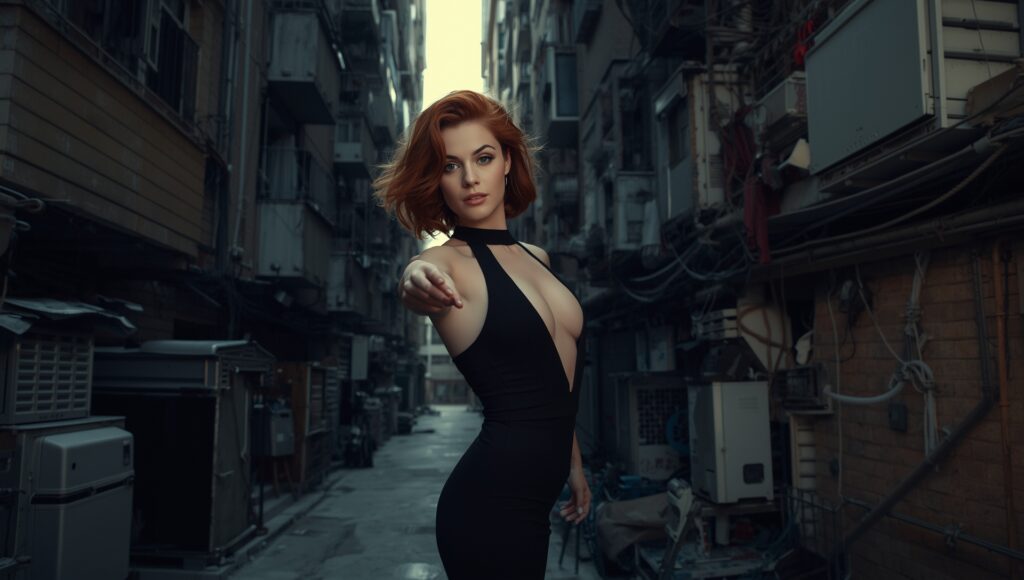 DEMOGRAFISCHE SPANNUNG & MIGRATIONSSTRESS 3 Junge rothaarige Frau in engem Wohngebiet als Symbol für Deutschlands Wohnraummangel unter Migrationsdruck.