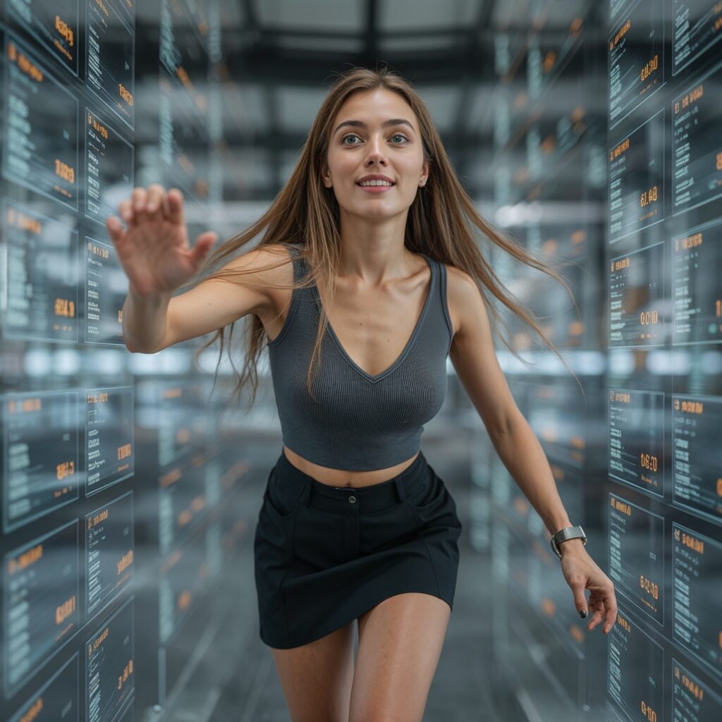 Junge europäische Frau in dynamischer Bewegung vor futuristischen digitalen Interfaces, die algorithmische Macht und Cultural Gatekeeping in einer plattformbasierten Medienarchitektur symbolisiert.