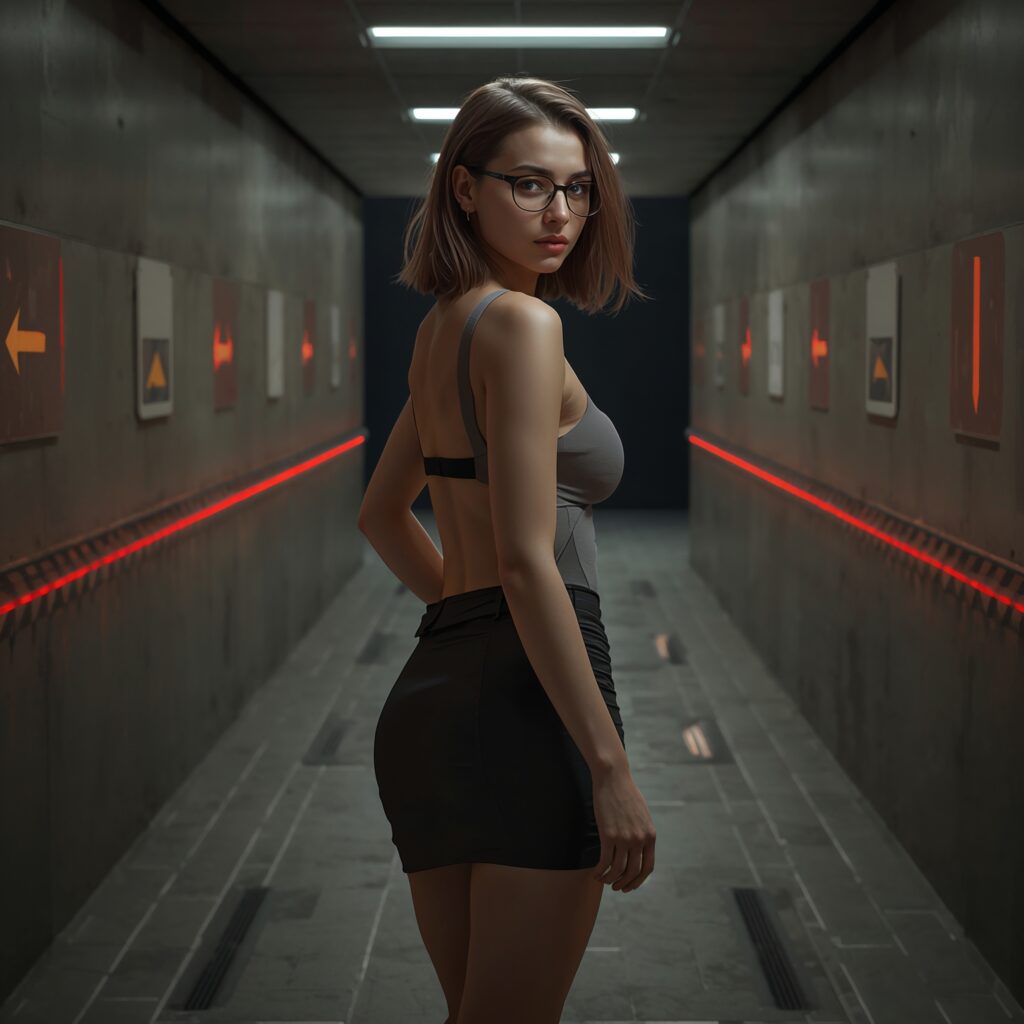 Symbolische Darstellung von Angst und Nudging: eine junge Frau in dynamischer Bewegung zwischen Warnsymbolen und Entscheidungspfaden, Sinnbild für psychologische Verhaltenslenkung ohne Zwang.