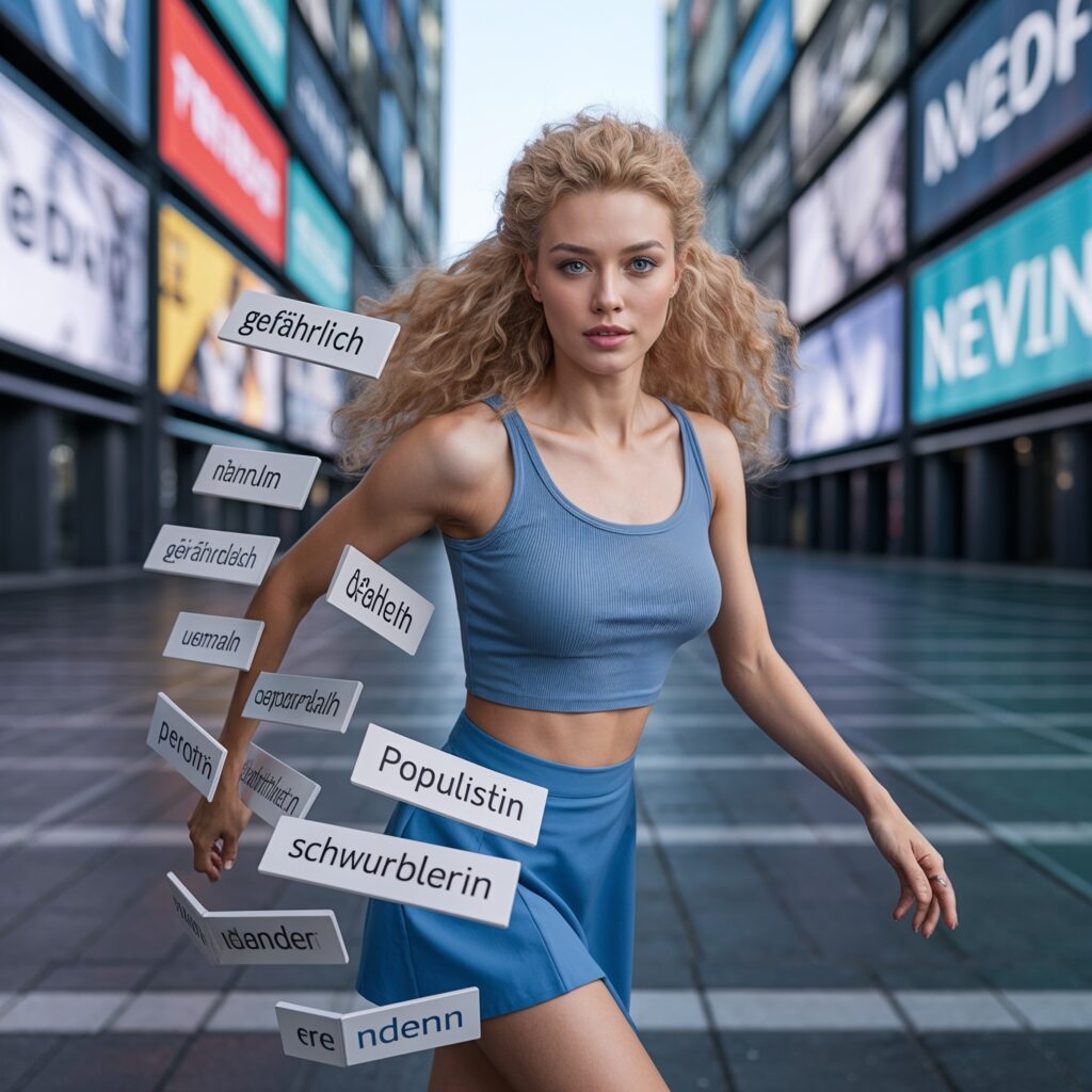 Fotorealistische Darstellung einer jungen Frau in Bewegung, die symbolische sprachliche Etiketten durchbricht und Labeling als Technik der Manipulation und Diskurskontrolle visualisiert.