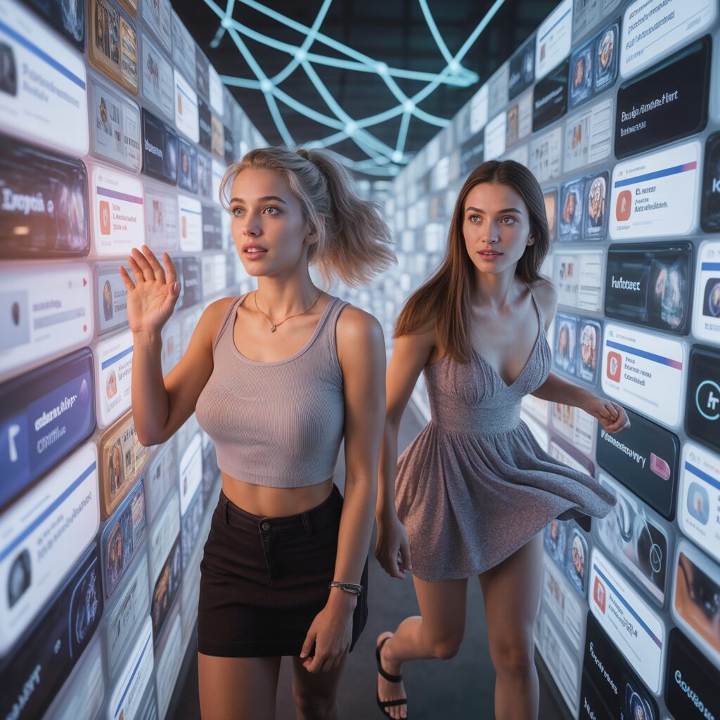 Two young women walking through a futuristic AI feed corridor symbolizing algorithmic priming and cognitive influence by recommendation systems