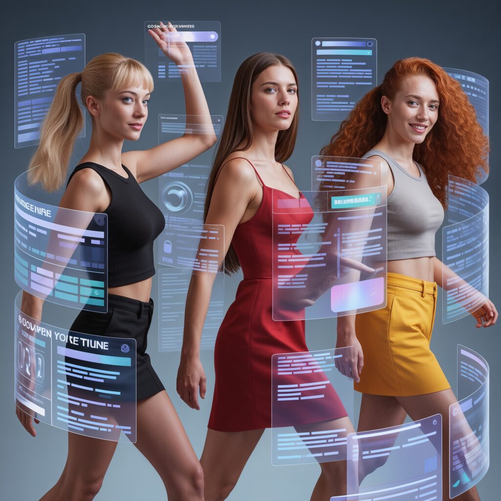 Young women moving dynamically through an AI-driven social media feed environment symbolizing algorithmic priming and cognitive influence
