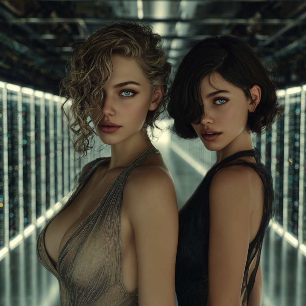 Zwei Frauen in einem Rechenzentrum symbolisieren Monopolisierung durch Kontrolle über digitale Infrastruktur und Datenströme.